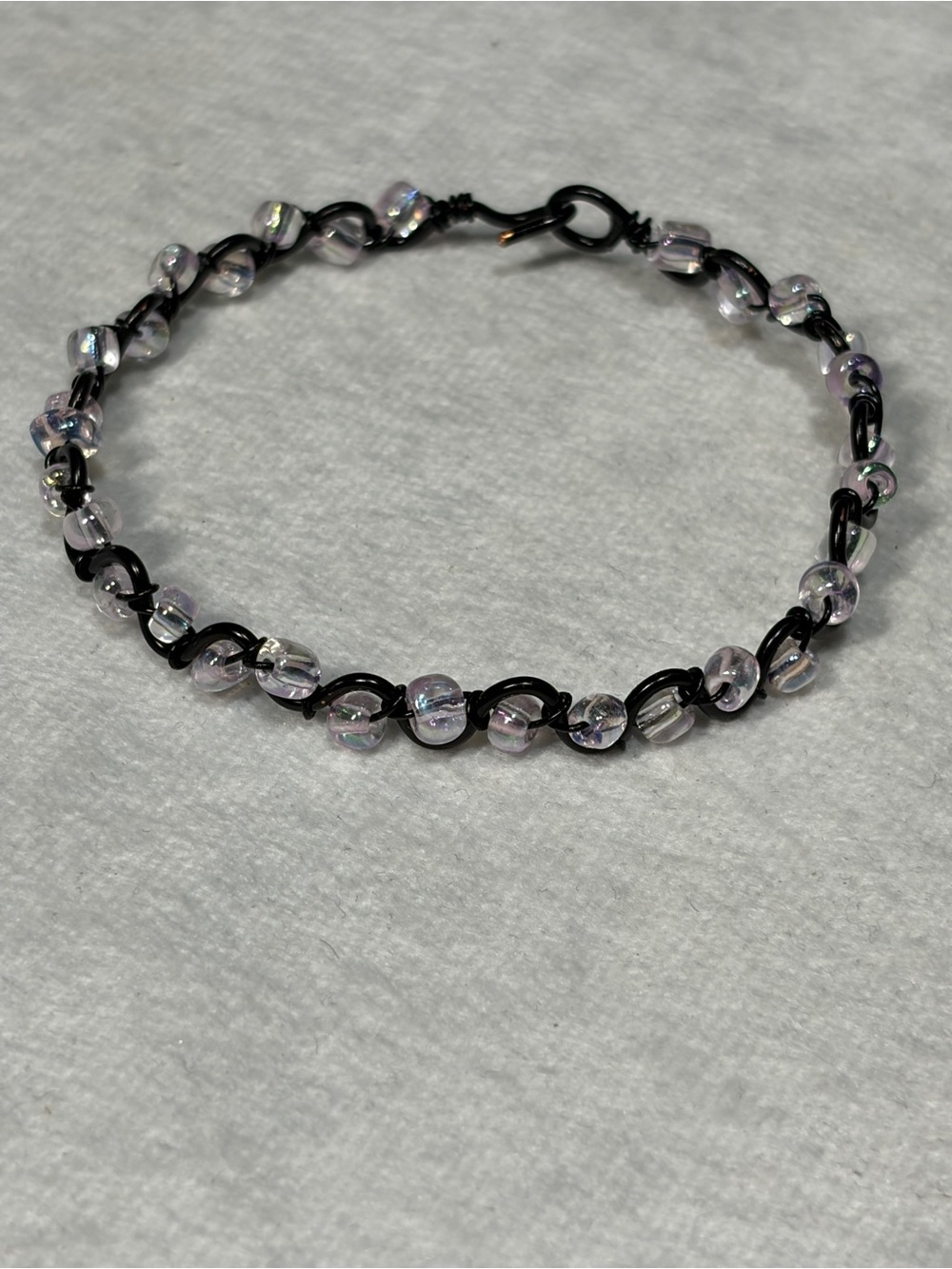 Black Artistic Wire Bracelet with Iridescent Clear Beads